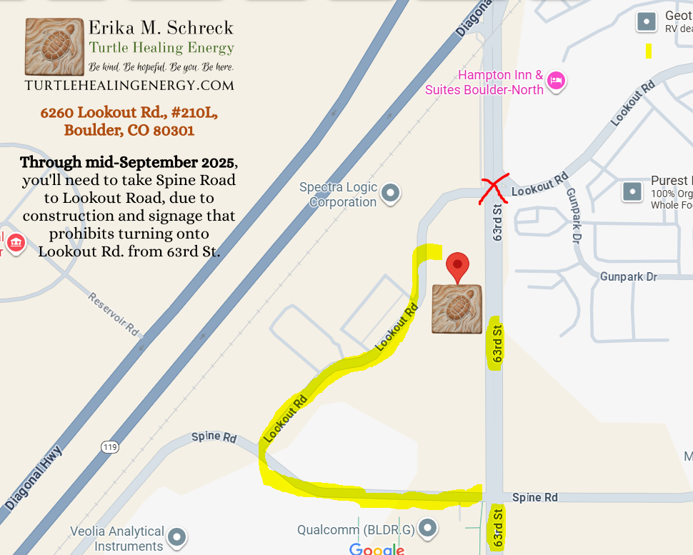 6260 Lookout Rd., #210L, Boulder, CO 80301: Spine Road to Lookout Road to Erika's office through Sept. 2025